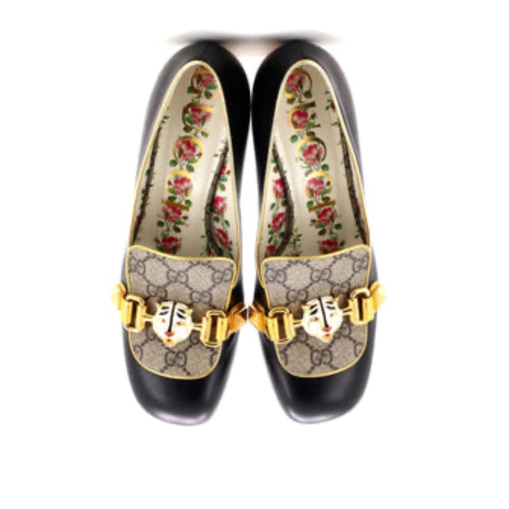 Gucci Women's Tiger Head Heeled Loafers Leather and GG Coated Canvas - Picture 2 of 9